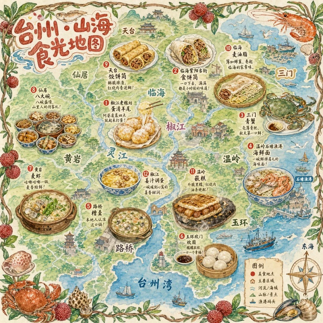 A Hand-drawn Style City Food Map, with Taizhou as the Theme
