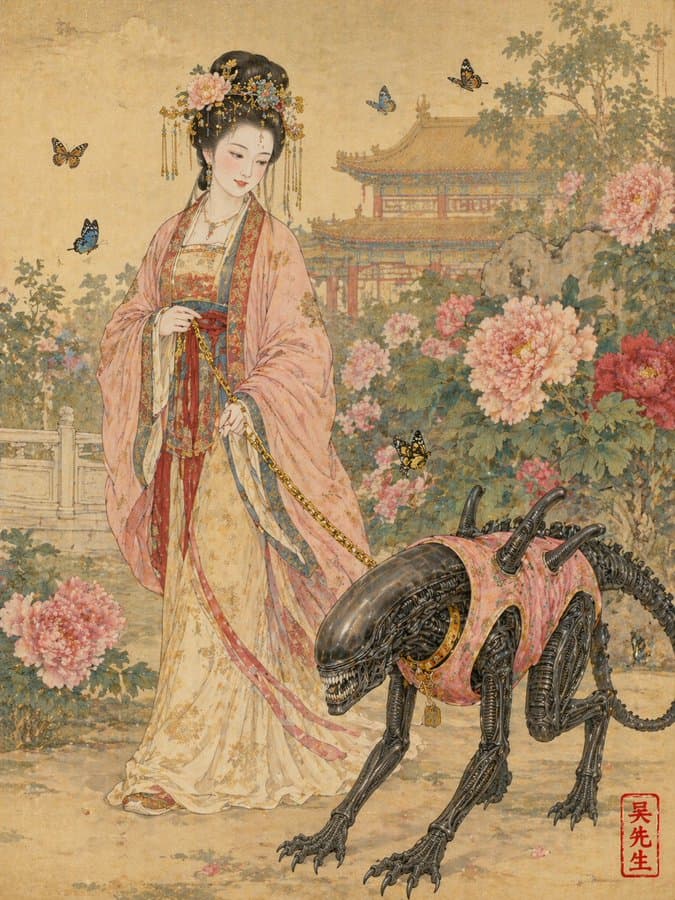 Tang Dynasty Noblewoman Walking a Pink-Vested Xenomorph Gongbi Painting