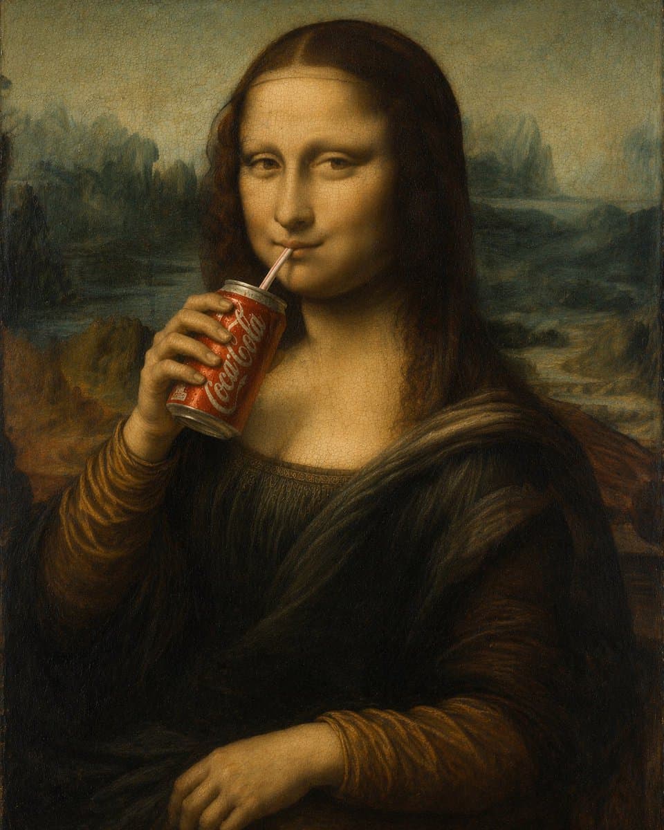 A humorous oil painting of Mona Lisa drinking cola