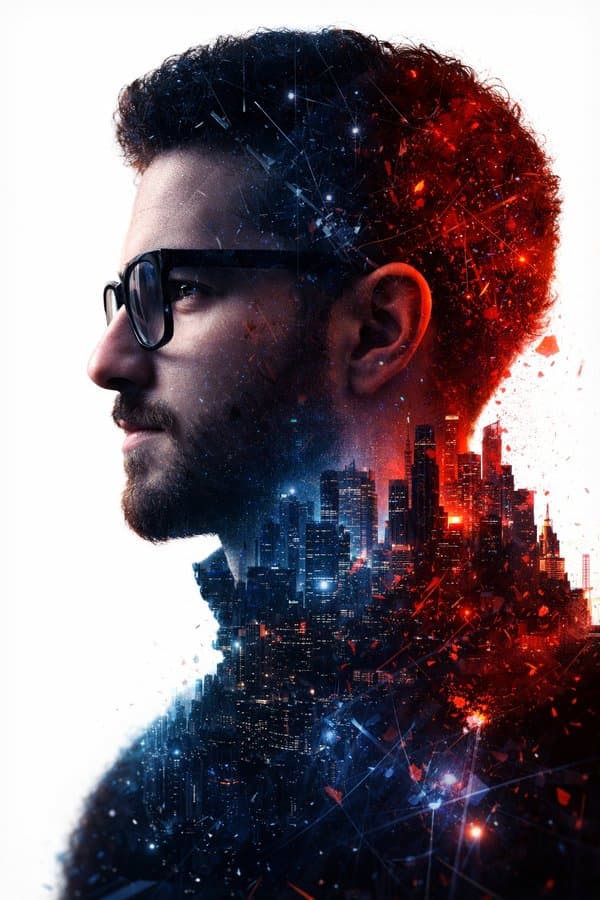 Futuristic City Double Exposure Youth under Red and Blue Light