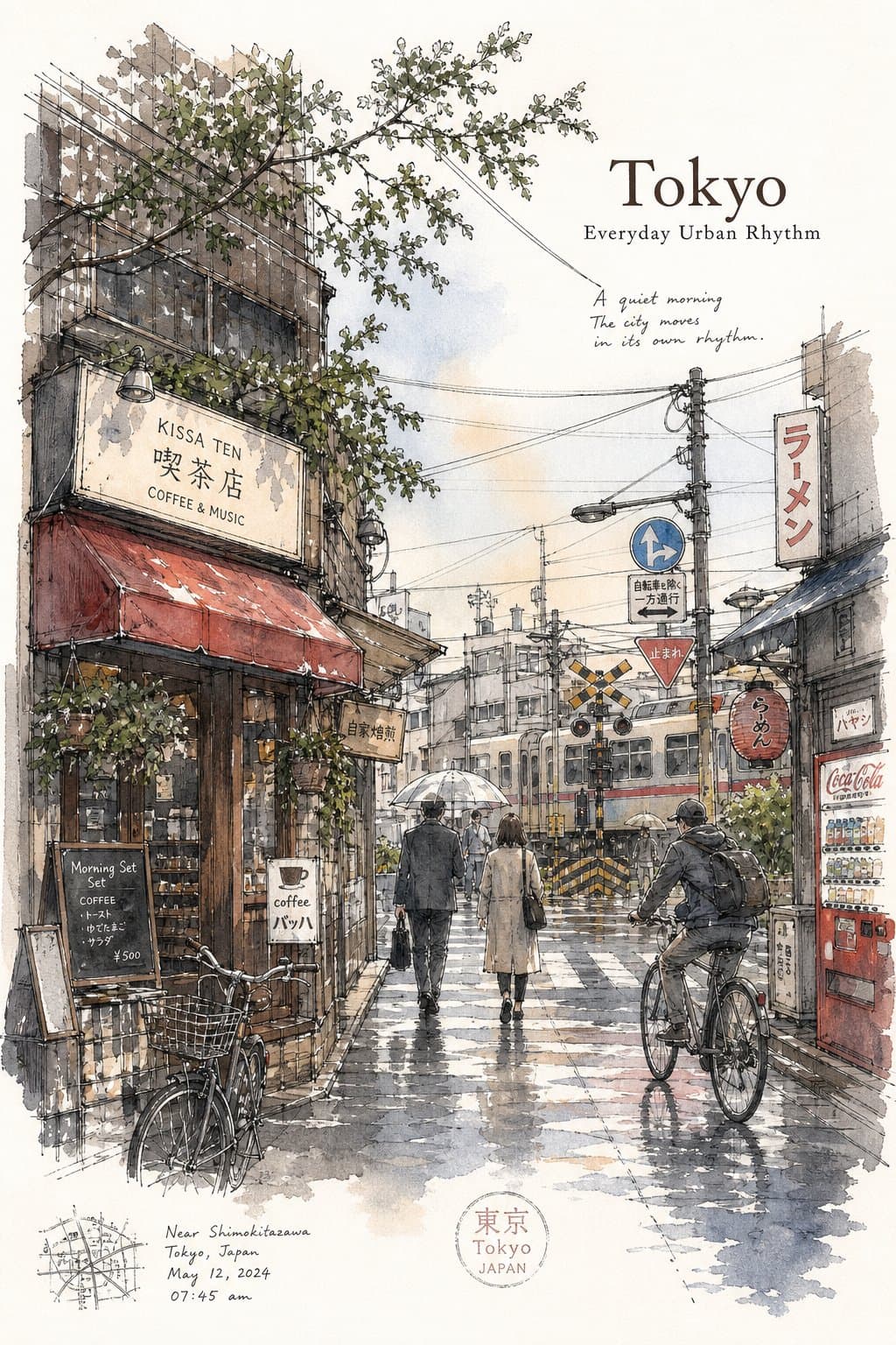 Tokyo minimalist urban sketch travel poster