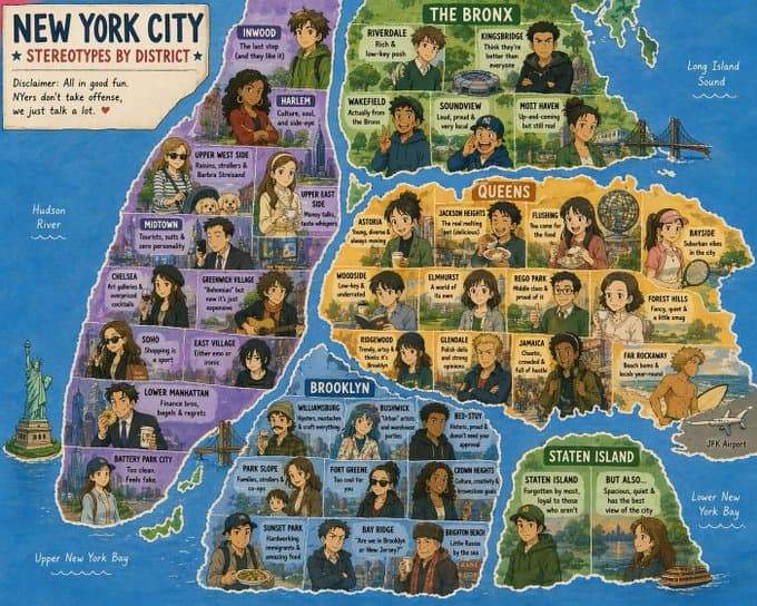 Ghibli style New York boroughs stereotype map