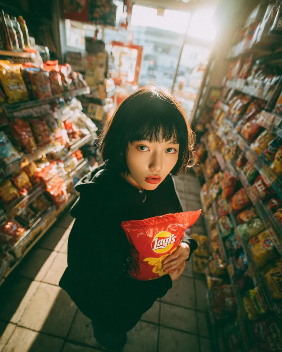 Convenience store girl cinematic sunset portrait