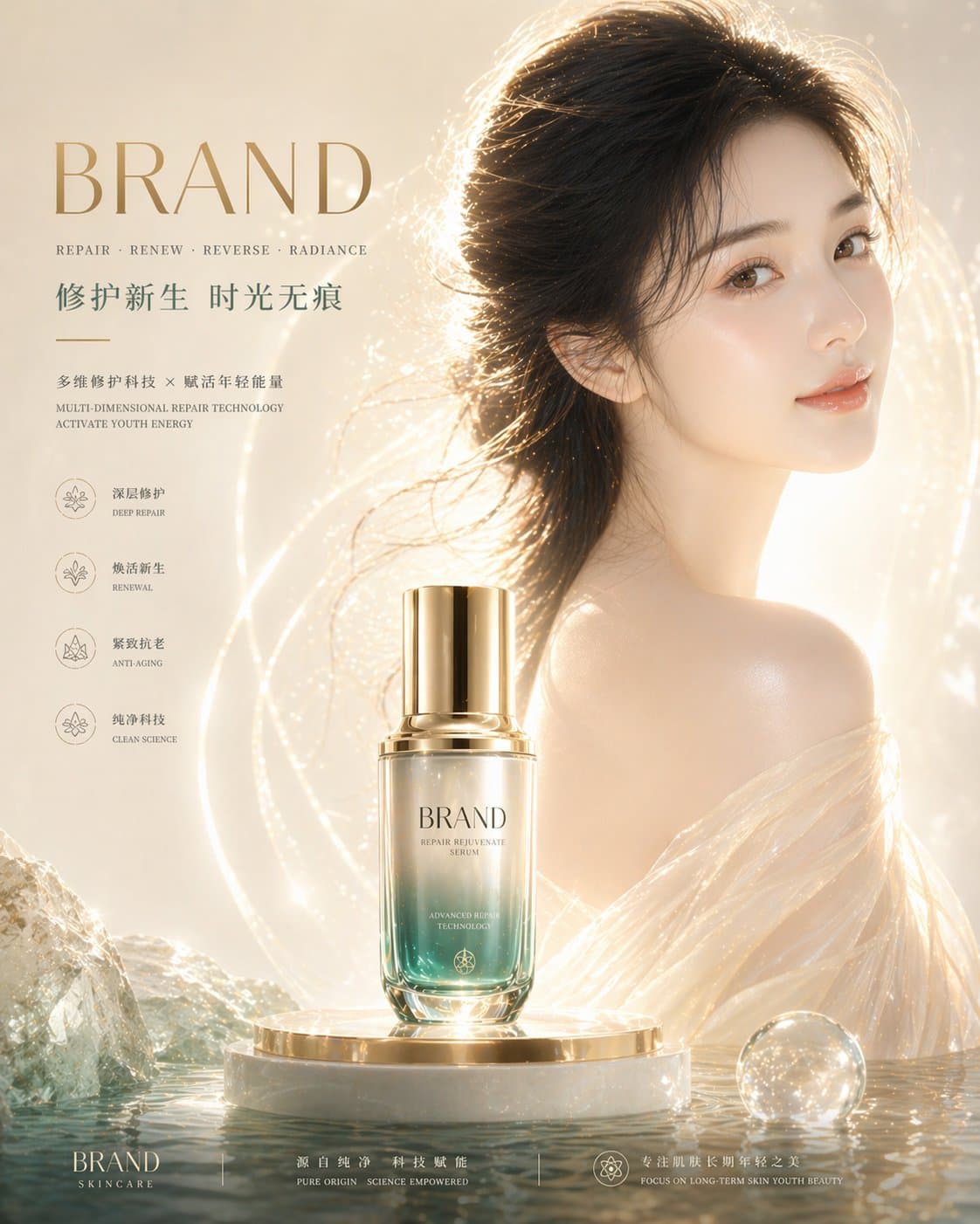 Luxury skincare ad with dewy skin and studio lighting