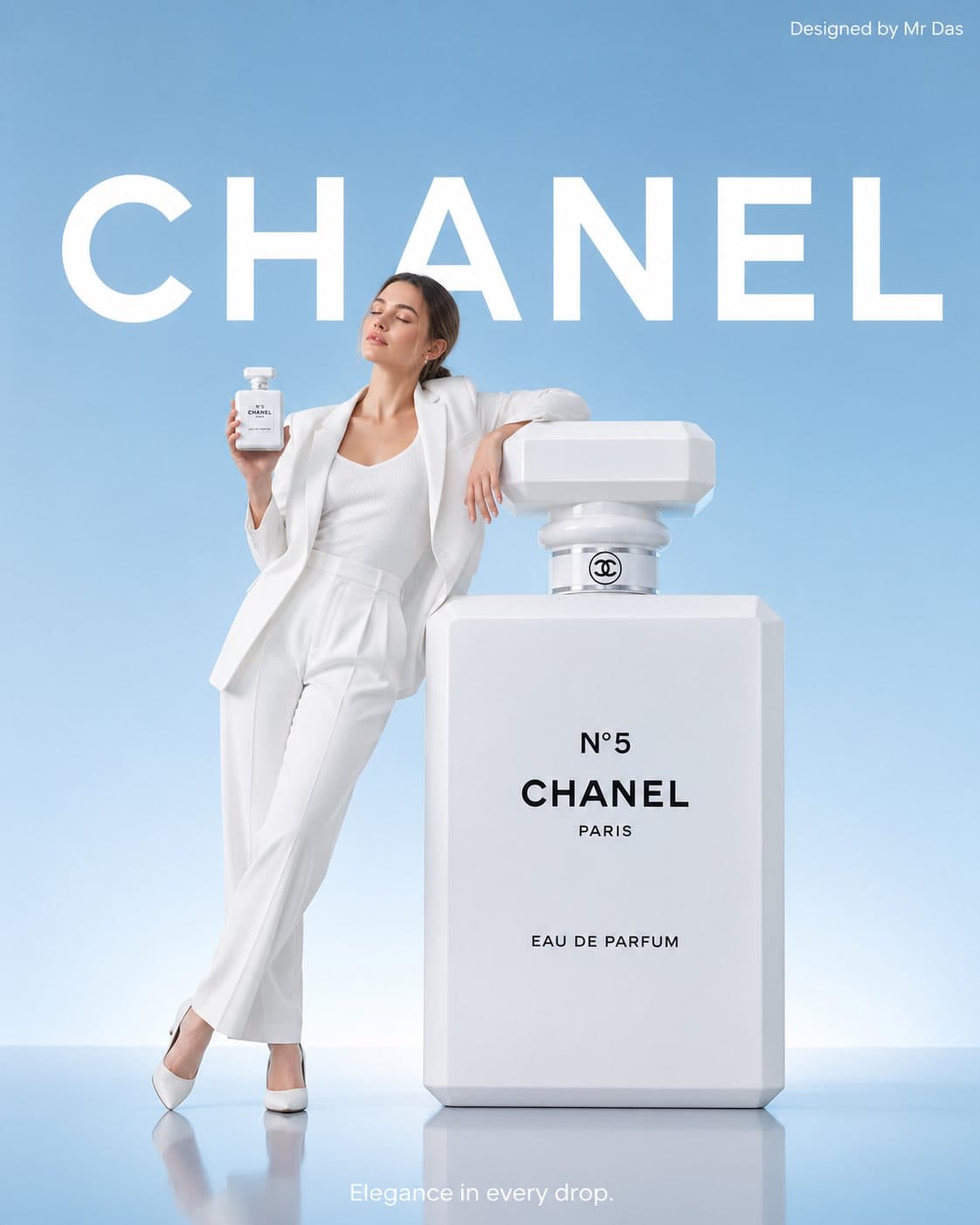 Minimalist luxury perfume ad with oversized bottle
