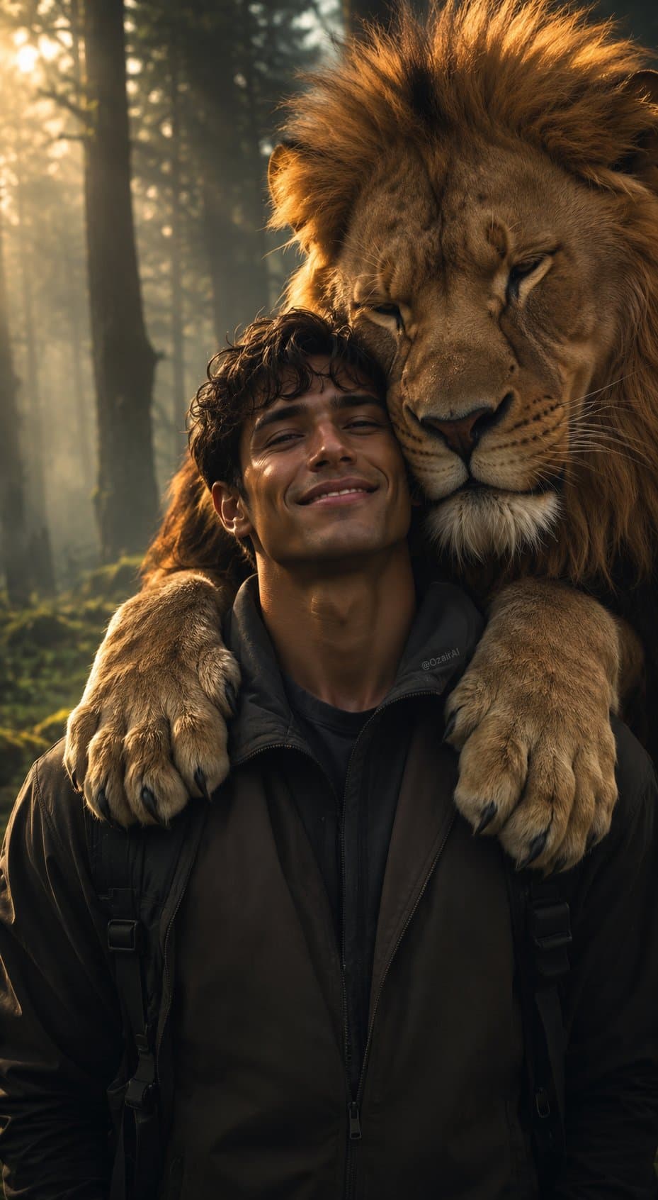 Lion Shoulder Portrait with Man