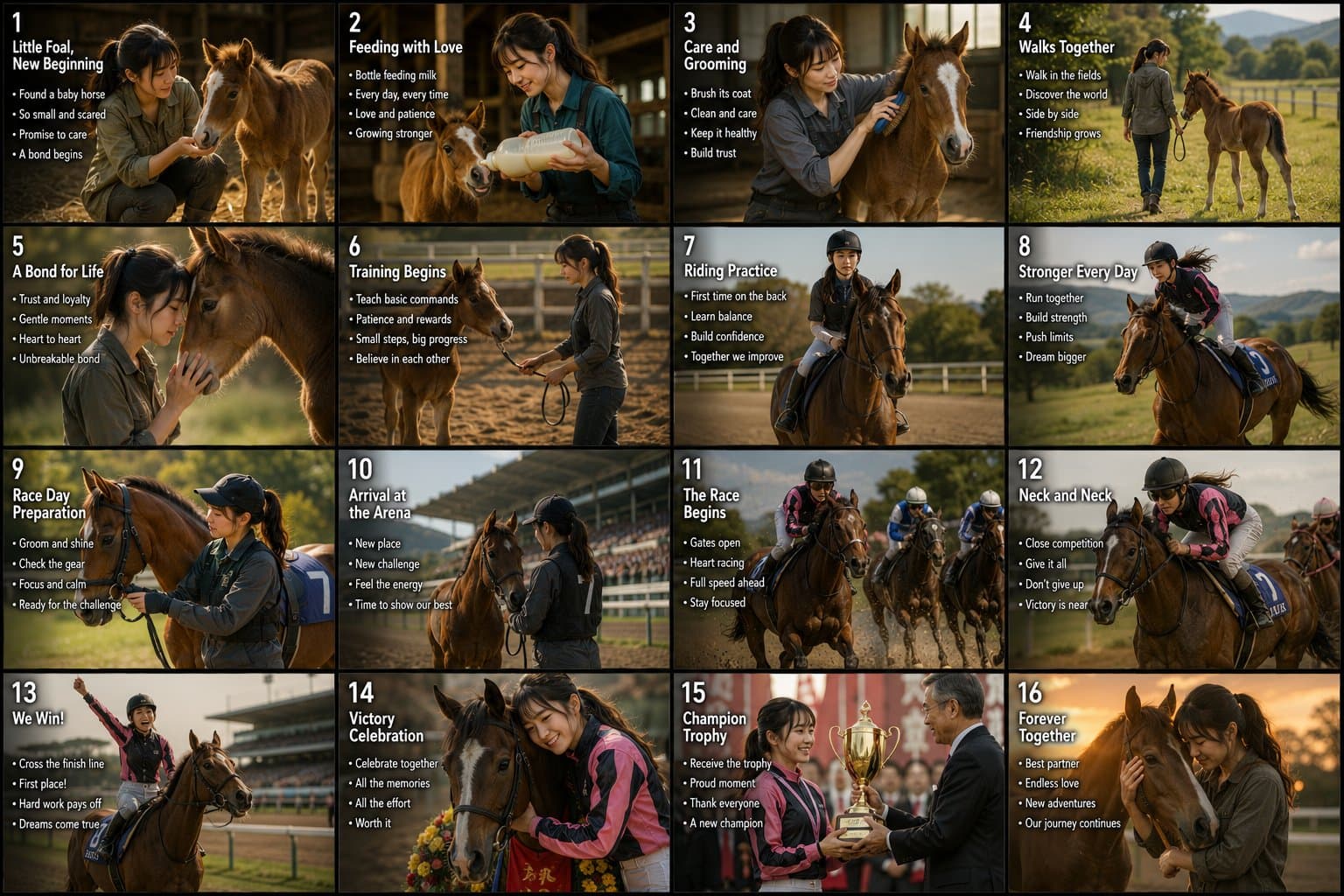 Cinematic storyboard emotional horse training journey