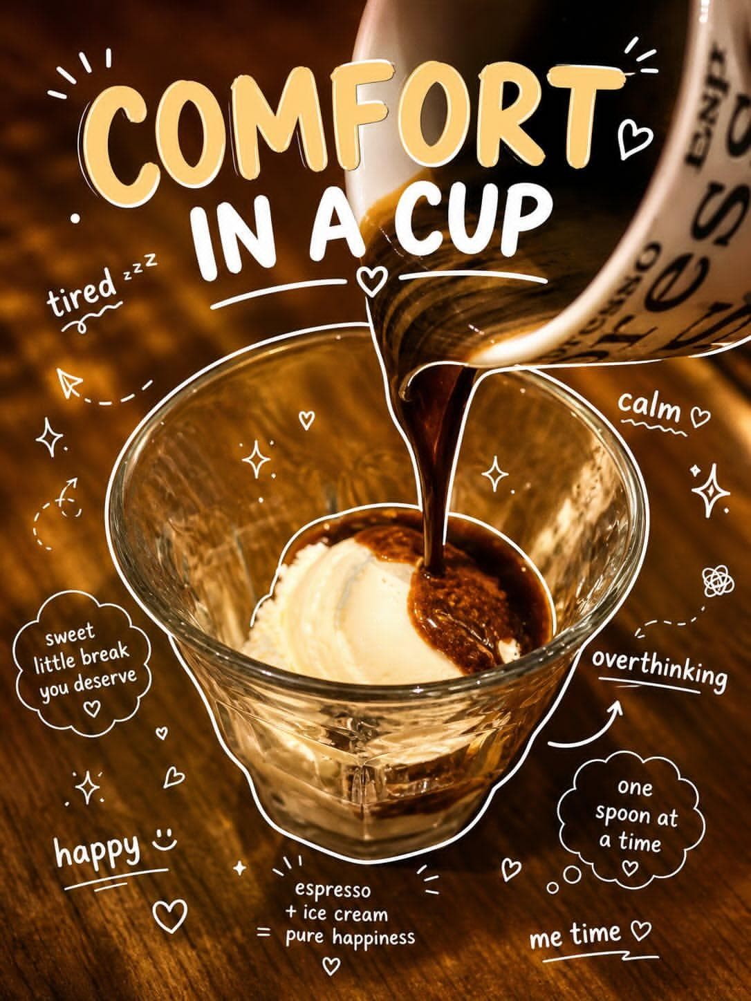 Affogato cozy ad with doodles